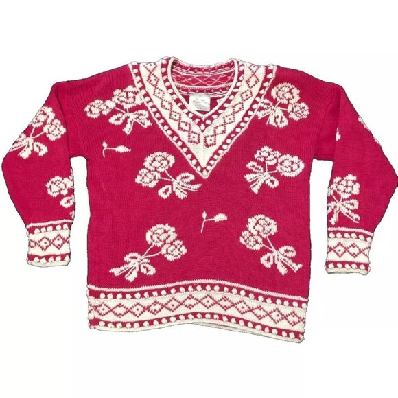 VTG 90s EXPRESS HAND KNITTED SWEATER SZ M PINK RAIME COTTON SHOULDER PADS WOMENS - Picture 1 of 4